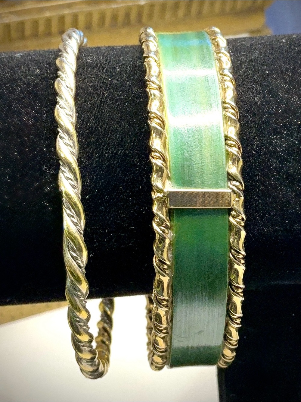 Vintage Green Enamel Gold Tone Bangle and 2 Tone Twisted Metal Bracelet PAIR